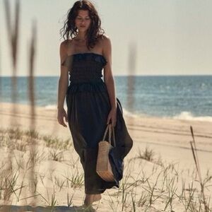 DÔEN Asteria Black Strapless Smocked Ruffled Maxi Dress - XS